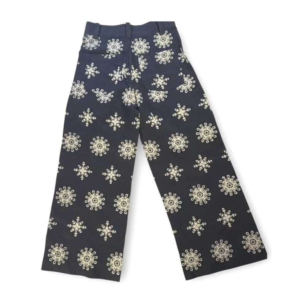 ZARA‎ WOMAN HIGH-WAIST WIDE-LEG EMBROIDERED CULOTTES PANT NAVY BLUE  S XS 28